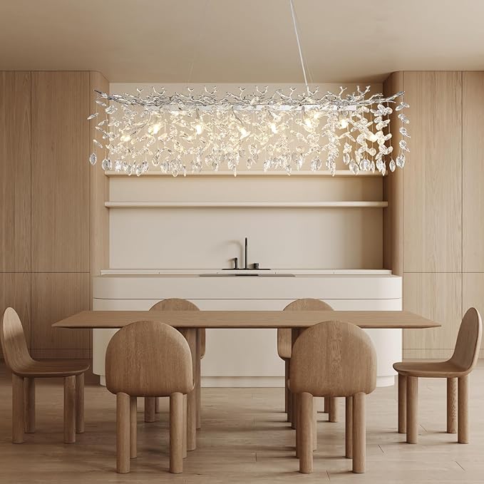 YUYI Modern Crystal Chandelier, 47" Silver Tree Branch Chandelier, 14-Light Luxury Rectangular Raindrop Chandeliers for Dining Room, Kitchen Island, Living Room, Contemporary K9 Crystal Light Fixture