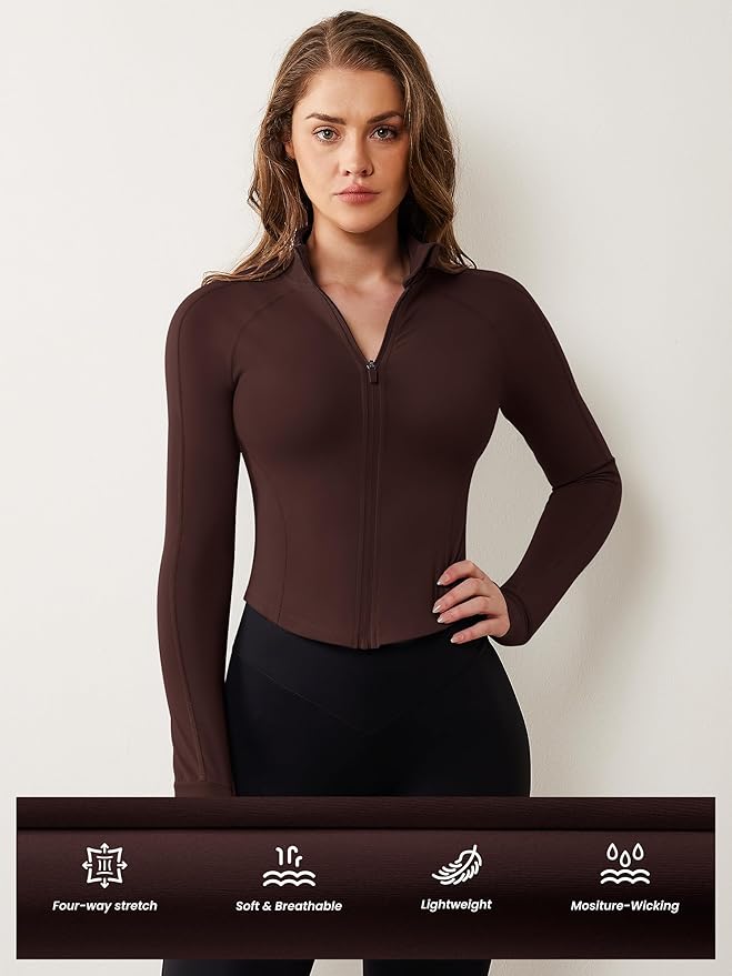 AVGO Women's Workout Jacket Lightweight Zip Up Cropped Yoga Jackets Slim Fit Athletic Tops with Thumb Holes