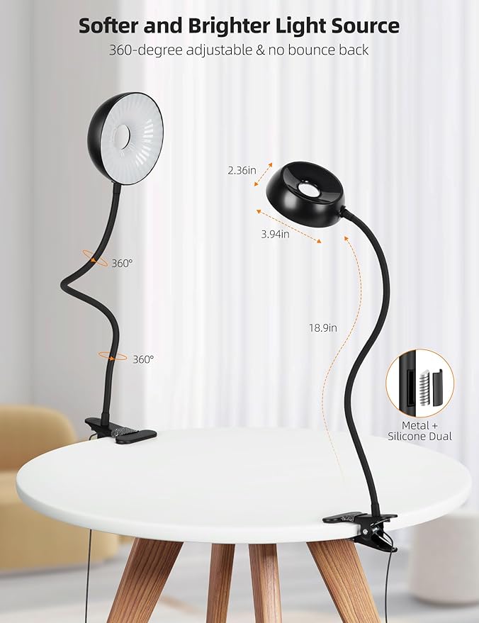 【Clip on Lamp】 10-Level Dimming & 5 Color Modes LED Book Light, Flexible Gooseneck Reading Light for Beds, Desks, Headboards - Eye-Friendly Night Light for Kids/Adults (Black)