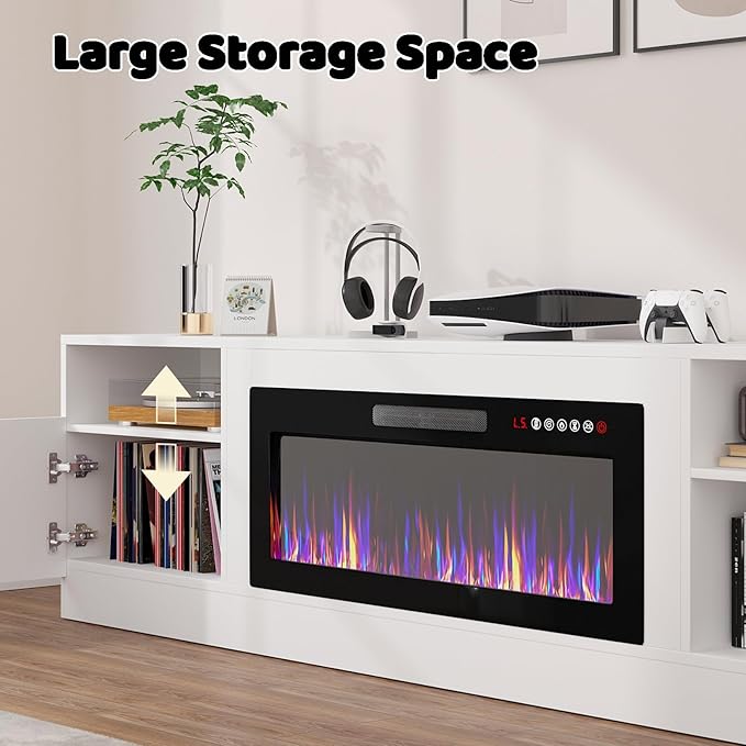 Lemberi Fireplace tv Stand with 36 inch Fireplace Up to 90" TVs, LED Light Entertainment Center and Storage, 80" Modern Wood Media TV Console with Highlight Cabinet for Living Room (White)