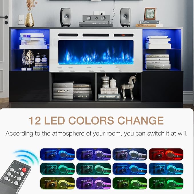 oneinmil Fireplace TV Stand with 36” Electric Fireplace, 70” TV Console Stand for TVs Up to 80", LED Light Entertainment Center, Fireplace for The Living Room TV Stand, Set of Table, Black