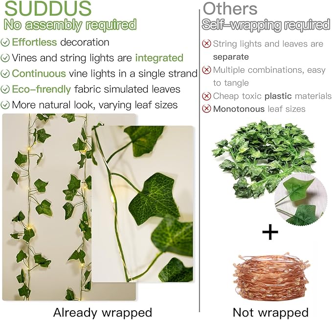 suddus Vine with Fairy Lights Battery Operated, 33ft 100 LED Ivy String Lights with Remote, Leaf Lights for Bedroom, Room, Wall, Garden, Party, Wedding Decor (Warm White)