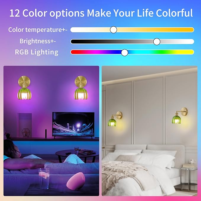 Vintage Battery Operated Wall Sconce 2 Pack, Green Tulip Glass Shade Gold Wall Lamp with 12 Inch Cable Switch, Modern Bathroom Wall Sconces Set of Two for Bedroom Corner Hallway