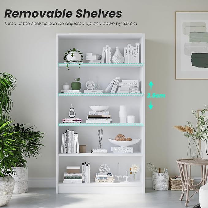 Farini 60 Inch Tall Bookcase,5 Shelf Bookshelfs,Adjustable Bookshelf for Home Office,White