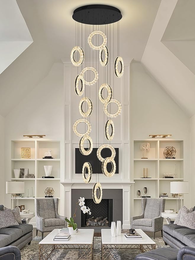 16 Rings High Ceiling Chandelier,Black Rings Chandeliers Staircase Chandelier for High Ceilings,Foyer Chandeliers Entryway High Ceilings