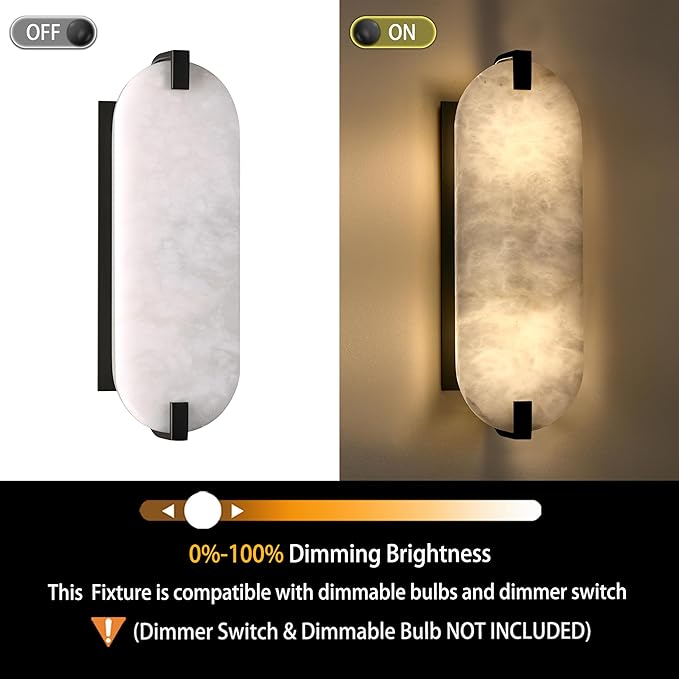 2 Light 15.63" Natural Oval Alabaster Marble Bathroom Wall Sconce Modern Concise Style Wall Light Fixture,Black Finish for Bedroom Hallway Bedside Living Room