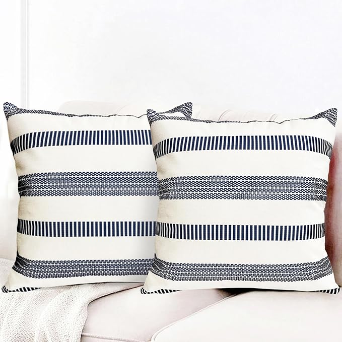 Decorative Throw Pillow Covers Set of 2 Blue Boho Striped Pillow Covers 18x18 Inch Throw Pillow Cover Linen Pillowcase Farmhouse Outdoor Pillow Covers for Couch Sofa Bed Living Room