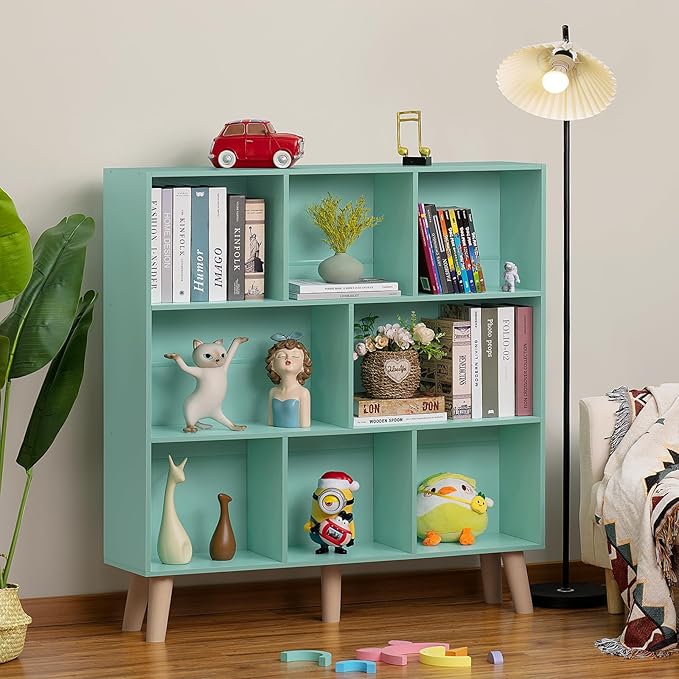 LEYAOYAO 8 Cube Bookshelf 3-Tier Bookcase with Legs, Mint-Green Kids Book Shelf Cute Storage Organizer, Large Open Toy Shelves Modern Bookshelfs,Display Bookcases for Bedroom,Living Room,Nursery