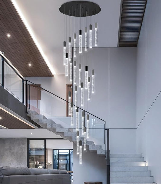 13 Foot High Ceiling Chandelier for Entryway Modern Crystal Lights for Living Room Foyer Flush Mount Sloping Ceiling Pendant Light Fixture Remote Dimmable 24-Lights Black