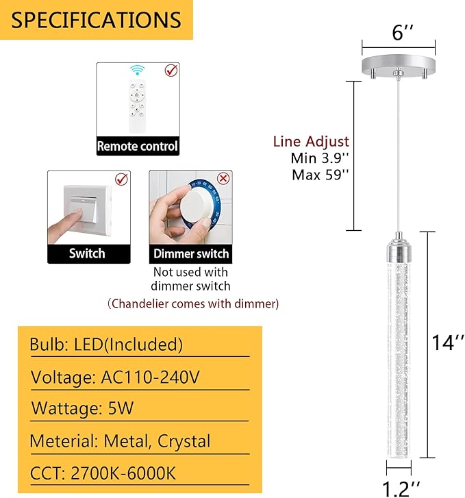 1-Light Modern Crystal Pendant Lighting LED Dimmable Pendant Light Kitchen Island Dining Room