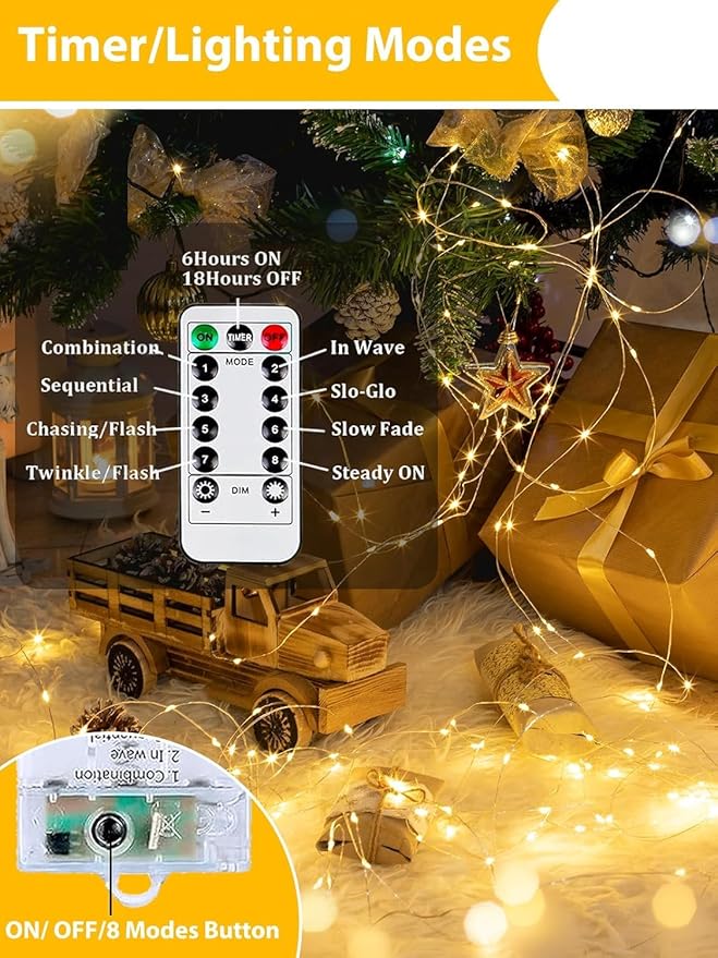 6 Pack Each 33FT 100LED Fairy Lights Battery Operated with Remote, Waterproof Twinkle Lights with Timer, Cuttable String Light Indoor & Outdoor for Bedroom Classroom Wedding DIY Christmas (Warm White)