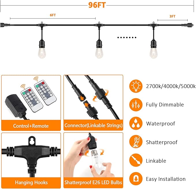 2-Pack 3 Color Dimmable LED Outdoor String Lights for Patio with Remotes, 96FT Waterproof Hanging Lights with Shatterproof Edison Bulbs for Bistro Backyard-Warm White/Nature White/Daylight White