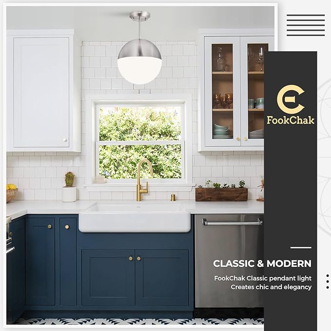 10in Brushed Nickel Pendant Light Globe Glass Kitchen Island Pendant Light Fixtures Modern Frosted Glass Hanging Light Milky White Ball Pendant Lights for Kitchen Sink Dining Room Entry Bathroom