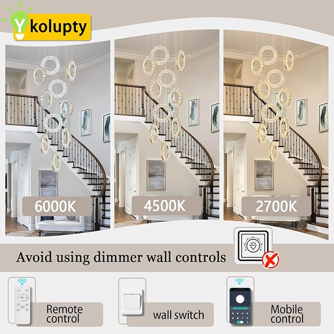 10 Rings High Ceiling Chandelier,Gold Rings Chandeliers,Staircase Chandelier with Remote,Foyer Chandeliers Entryway High Ceilings