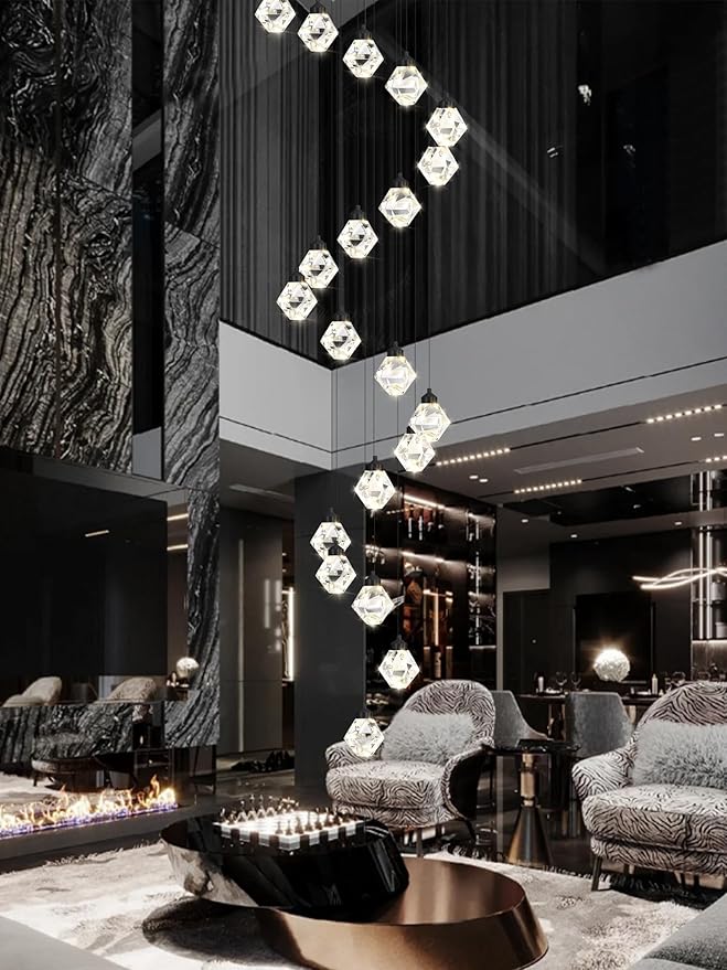 H142in Modern Crystal Chandeliers Large Chandeliers for High Ceiling Black Pendant Light Fixture 26-Lights Large Pendant Light for Staircase Living Room Hallway Entryway