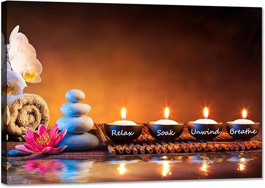 Zen Wall Art Lotus Flower Decor Breathe Canvas Picture Candles Relaxing Peaceful Poster Prints for Zen Spa Room Living Room Bedroom(24.00" x 36.00")
