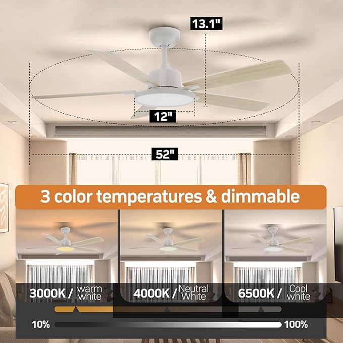 TALOYA 52 Inch White Ceiling Fans with Lights Led Remote Control Flush Mount Low Profile for Bedroom Living Dining Room Outdoor Farmhouse Patio,Reversible,DC Motor,Diammable,Buzzer ON/Off,5 Blades