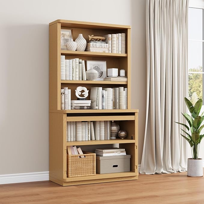 Rresyet 5 Tier Bookcase with Flip-Flop Design, 71" x 37" x 16" Wooden Book Shelf, Extra Bookshelf Storage Organizer, Display Standing Shelf Unit for Home Office, Living Room, Study Room (Wood)