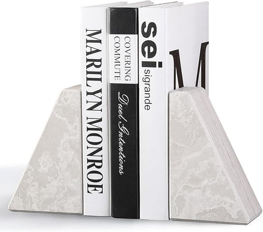 Marble Bookends for Heavy Books, Decorative Book Ends for Shelves, Durable and Heavy-Duty Bookends for Hardback Book &amp; CDS, Off-White Unique Books Stopper &amp; Holder, Set of 2