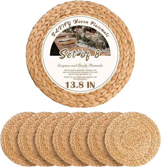 13.8 in Round Boho Placemats Table Mats Set of 8, Farmhouse Rustic Woven Plate Charger for Dinner Plates, Rattan Jute Wicker Braided Place Mats Chargers for Dining Table Decor