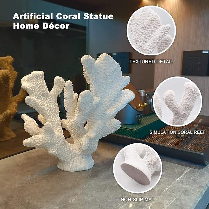 White Resin Coral Decorations Artificial Coral Statue Home Décor Accents Hawaiian Beach Decorations for Home Nautical Decorations Beach Themed Home Living Room Party Decor