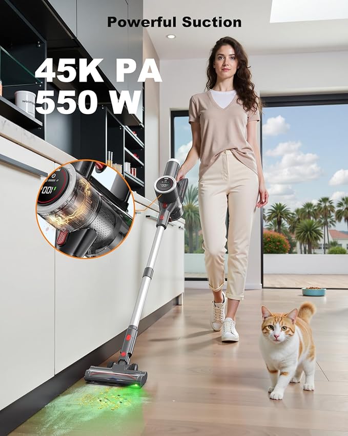 Cordless Vacuum Cleaner, 6-in-1 Lightweight Stick Vacuum with 45mins Runtime, LED Display &amp; Light, Self-Standing, Rechargeable Cordless Vacuum for Carpet, Tile, Pet Hair, Hardwood Floors (Gray)
