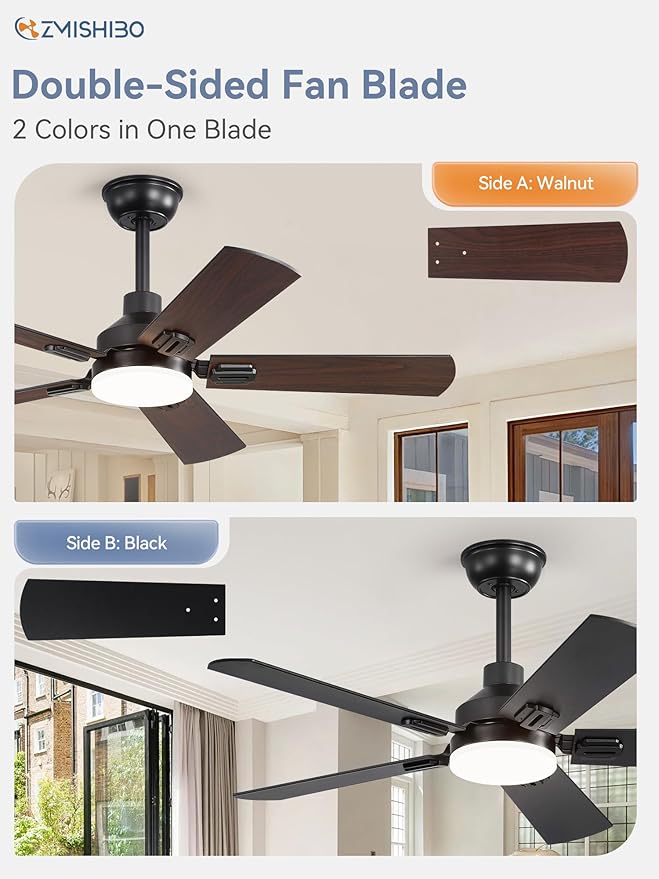 ZMISHIBO 44" Ceiling Fans with Lights, Black Modern Ceiling Fan with Remote, Farmhouse Indoor Ceiling Fan with Dual Finish Blades, Quiet & Strong Motor, Bright LED Light.