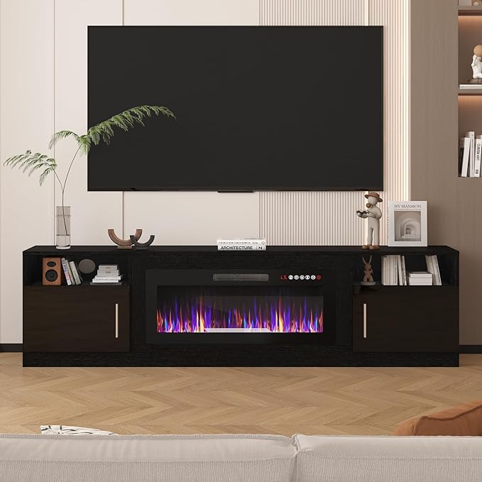 Lemberi Fireplace tv Stand with 36 inch Fireplace Up to 90" TVs, LED Light Entertainment Center and Storage, 80" Modern Wood Media TV Console with Highlight Cabinet for Living Room (Black)