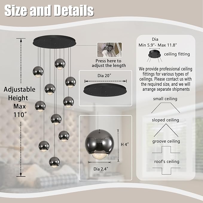 10-Light LED Staircase Black Chandelier Crystal Ceiling Lights Large Chandeliers for High Ceilings, Entryway Modern Lighting Fixture Villas and Stairs