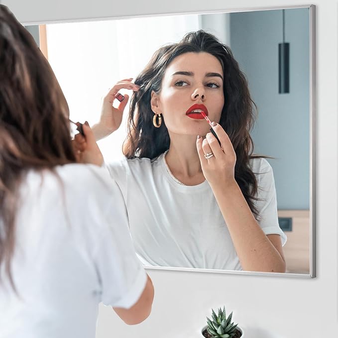 30x40 Inch Silver Bathroom Mirror - Copper-Free Mirror, Aluminum Alloy Frame Vanity Rectangle Wall Mounted Modern Mirror for Bedroom/Living Room/Porch Horizontal or Vertical