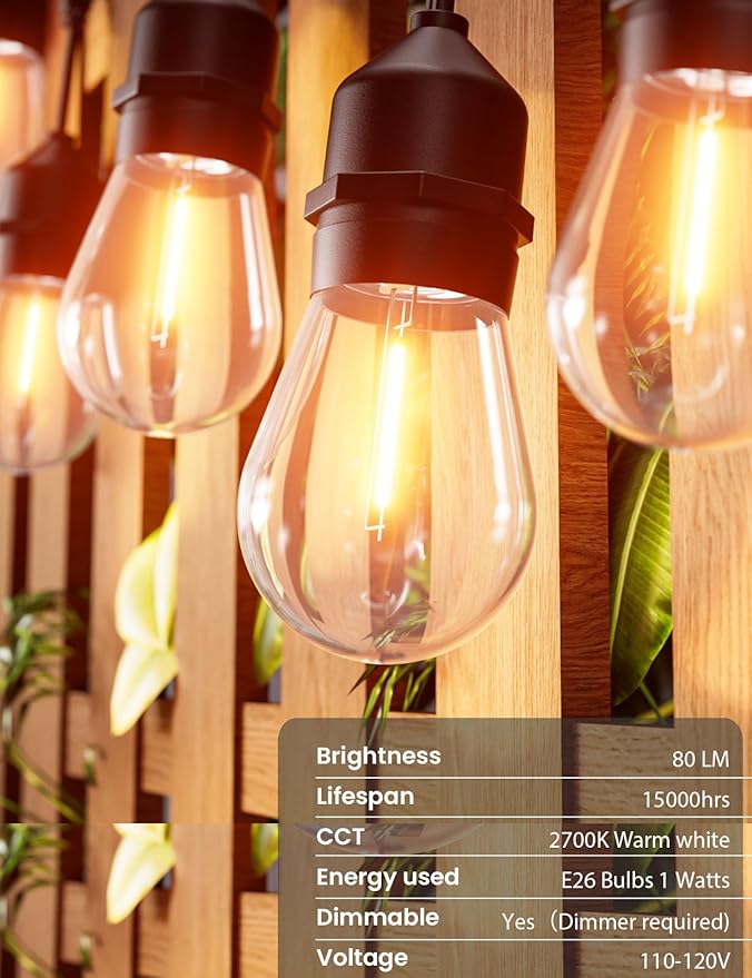 Svater Outdoor String Lights 150FT, E26 Socket, 48pcs S14 Shatterpoof Bulbs, 1 Watt Dimmable 2700K Warm White, IP65 Waterproof Commercial Grade Patio Lights（3 Pack X 50FT）