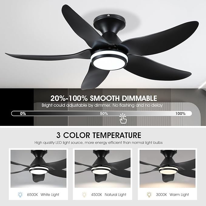 46 inch Ceiling Fans with Lights and Remote/APP Control, Modern Flush Mount Ceiling Fans with 5 Reversible Blades 6 Speeds, 3 Colors Dimmable+Ring Lights for Bedroom Dining Room, Black