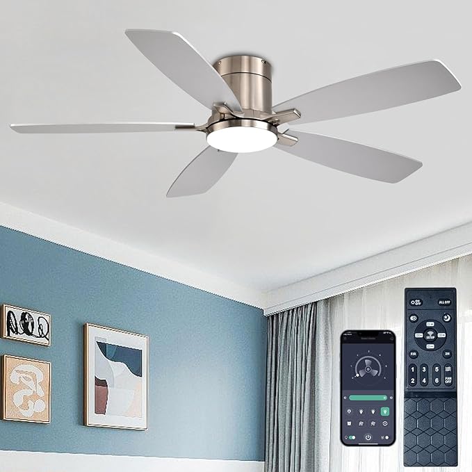 52 Inch Low Profile Ceiling Fans with Lights and Remote, Flush Mount Modern Ceiling Fan, 3CCT Dimmable DC Ceiling Fan for Bedroom, Living Room, Brushed Nickel