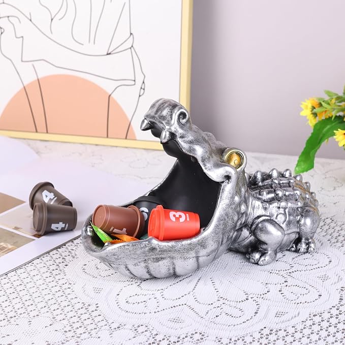 Alligator Statue Key Bowl, Fun Animal Statue Candy Dish for Entryway Decorative Bowl, Office Candy Dish, Big Mouth Sculpture Home Living Room Trinket Container Storage Box (Silver)