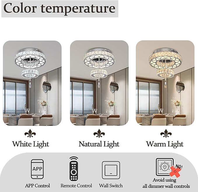 Flashing God Dia 12" Crystal Mini Chandelier Crystal Silver Ceiling Light Fixtures LED Flush Mount Ceiling Light for Living Room Bedrooms Dining Room Dimmable 2700k 4500k 6000k
