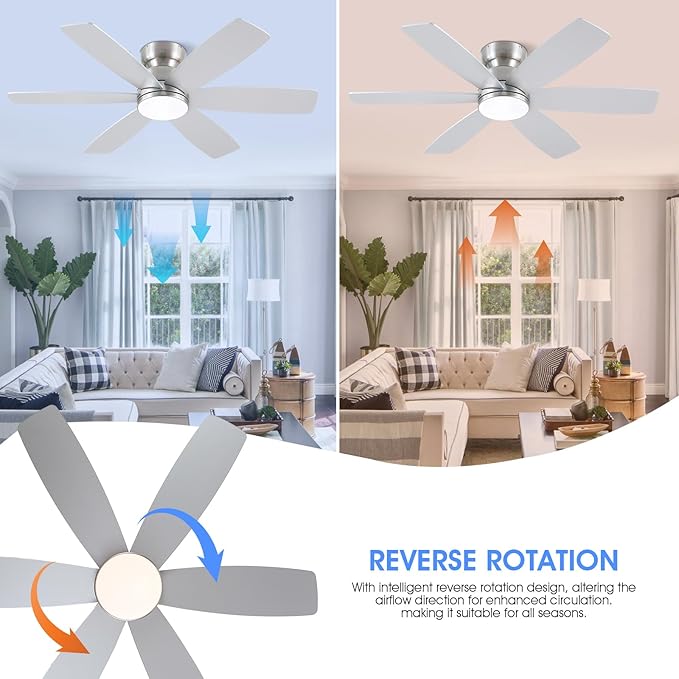 46 inch Ceiling Fans with Lights and Remote/APP Control, Low Profile Ceiling Fan with Light, Flush Mount, 3CCT, 6 Reversible Blades 6 Speeds Modern Ceiling Fan for Bedroom Living Room, Nickel
