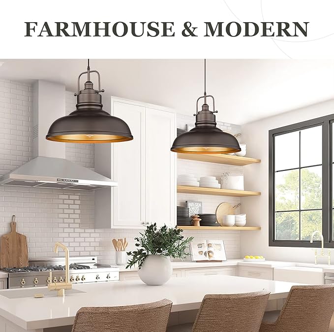 zeyu 17.7 Inch Farmhouse Pendant Light for Kitchen Island, Large Ceiling Hanging Light with Metal Dome Shade, Oil Rubbed Bronze Finish, 016-1M ORB
