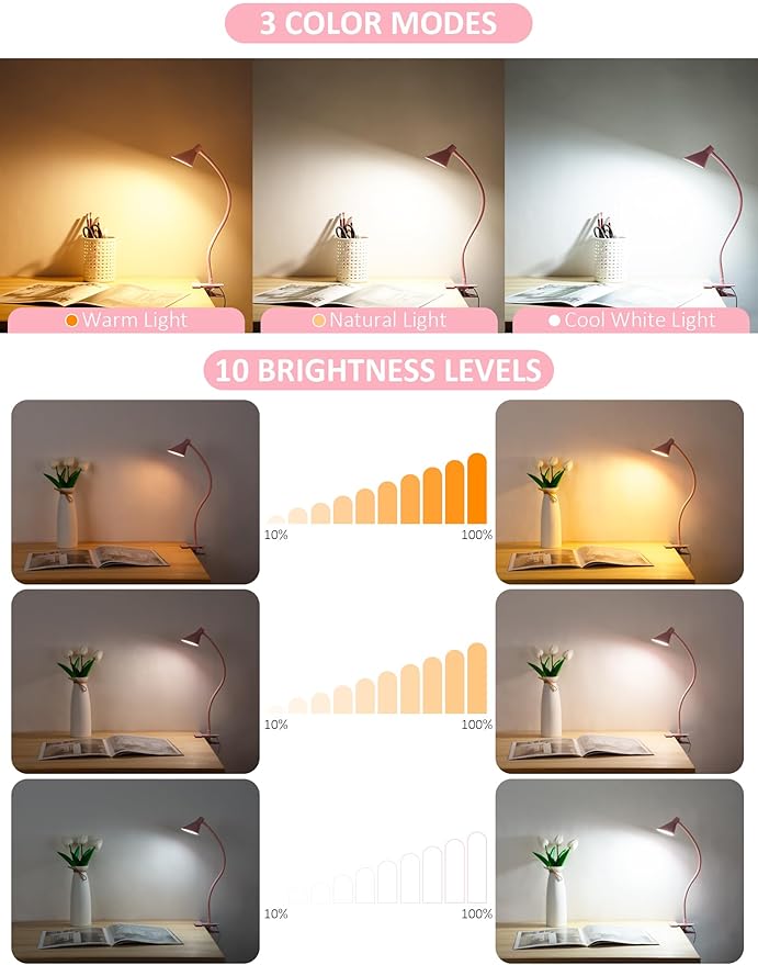 Pink Small Desk Lamp Clip on LED Reading Light for Bed, 3 Color Modes 10 Dimmable Brightness, Book in Bed Headboard, Flexible Neck Clamp BL08