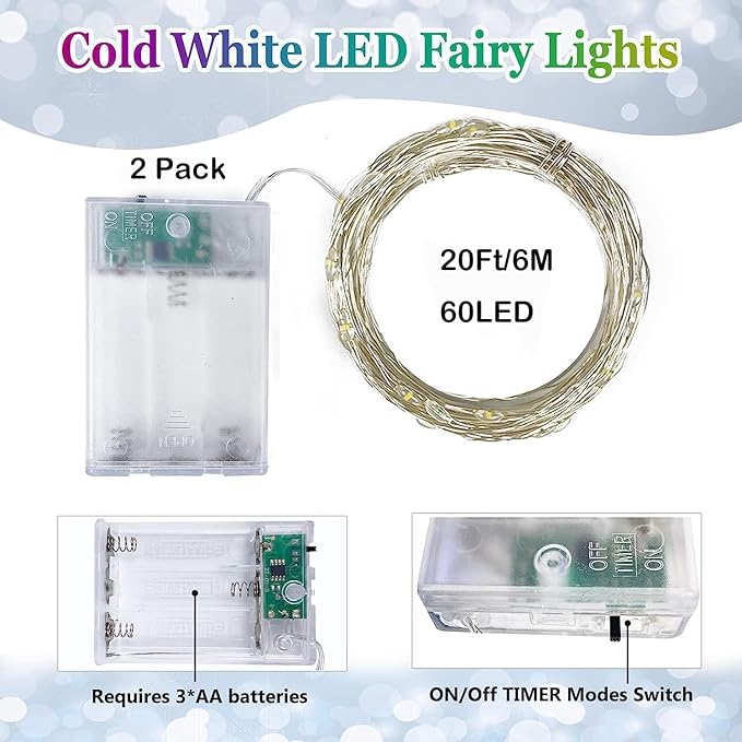 2 Pack 20FT 60LED Battery Operated Fairy Lights with Timer, Waterproof Battery String Lights Outdoor Indoor, Battery Twinkle Light for Bedroom Wedding Birthday Party Chirstmas (Cool White)