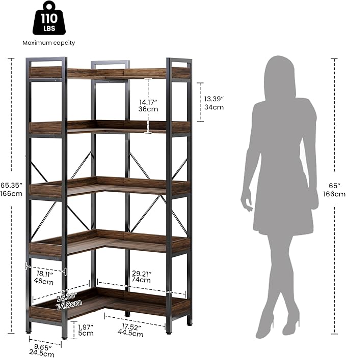 5-Tier Corner Bookshelf - Modern Tall Corner Bookcase with Sturdy Metal Frame, Large Storage L Shaped Bookshelf for Living Room/Home Office/Bedroom, Space-Saving Design, Rustic Brown