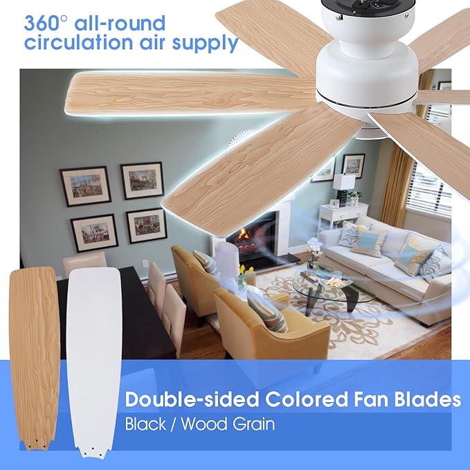 46 inch Ceiling Fans with Lights and Remote/APP Control, Low Profile Ceiling Fan with Light, Flush Mount, 3CCT, 6 Reversible Blades 6 Speeds Modern Ceiling Fan for Bedroom Living Room, White