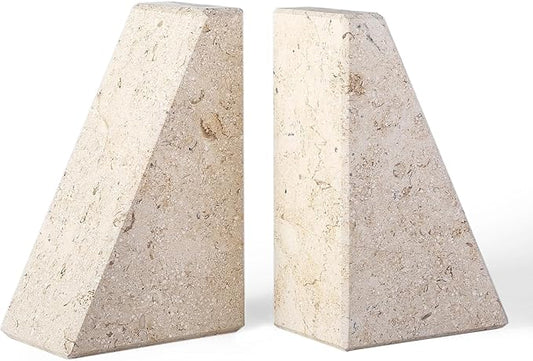 Marble Bookends for Heavy Books, Decorative Book Ends for Shelves, Beige Stone Durable and Heavy-Duty Book Ends for Hardback Books &amp; CDS, Unique Book Stopper &amp; Holder, Set of 2