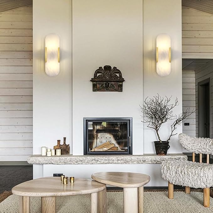 13.8 inch Brass Alabaster Sconces, Indoor Marble Sconces Wall Lighting, Alabaster Sconces for Living Room Modern Alabaster Sconces Wall Lighting for Dining Room Stairs Bedroom