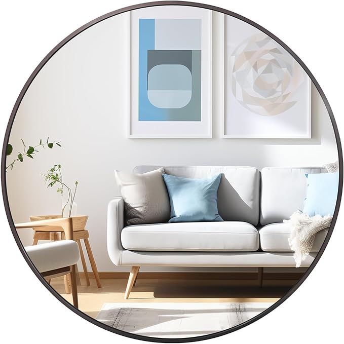 30 inch Dark Gray Bathroom Wall Mirror, Brushed Titanium Metal Framed Round Mirror for Bathroom Vanity, Bedroom Decor, Living Room, Entryway