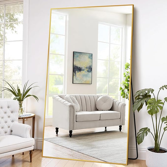 Full Length Mirror, 88"x44" Floor Mirror Freestanding, Oversized Floor Standing Mirror Full Body Mirrors with Stand for Bedroom, Hanging Mounted Mirrors for Living Room Cloakroom, Gold, Rect