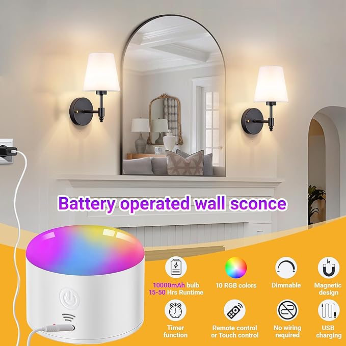 Battery Operated Wall Sconces Set of Two, Rechargeable Wireless Wall Lights with 10000mAh RGB Dimmable Detachable Bulb, Battery Sconces Wall Decor with Remote for Bedroom Living Room Hallway