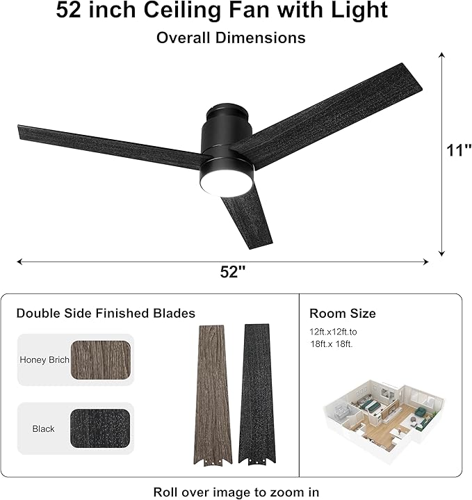 52'' Ceiling Fans with Lights Remote Control: Black Flush Mount Ceiling Fan for Bedroom - Quiet Low Profile Ceiling Fan 6 Speed ​​&amp; LED Light