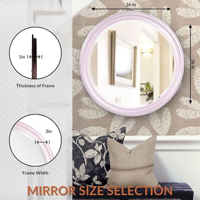 Howard Elliott George Round Glossy Lilac Wall Mirror, Bevelled Vintage Hanging Wood Framed Vanity Mirrors for Home Decor, Living Room, Bathroom, Bedroom, or Hallway, 36 Inch Round