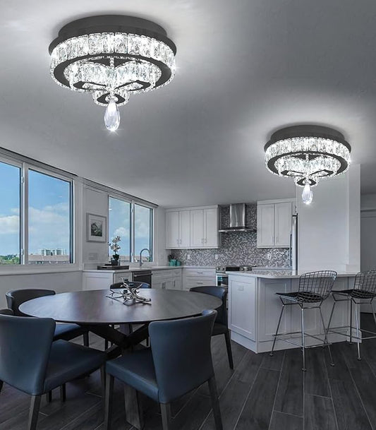 12'' Modern Crystal Chandelier LED Dimmable Flush Mount Ceiling Light Pendant Light for Hallway Living Room Bedroom Dining Room Foyer Black