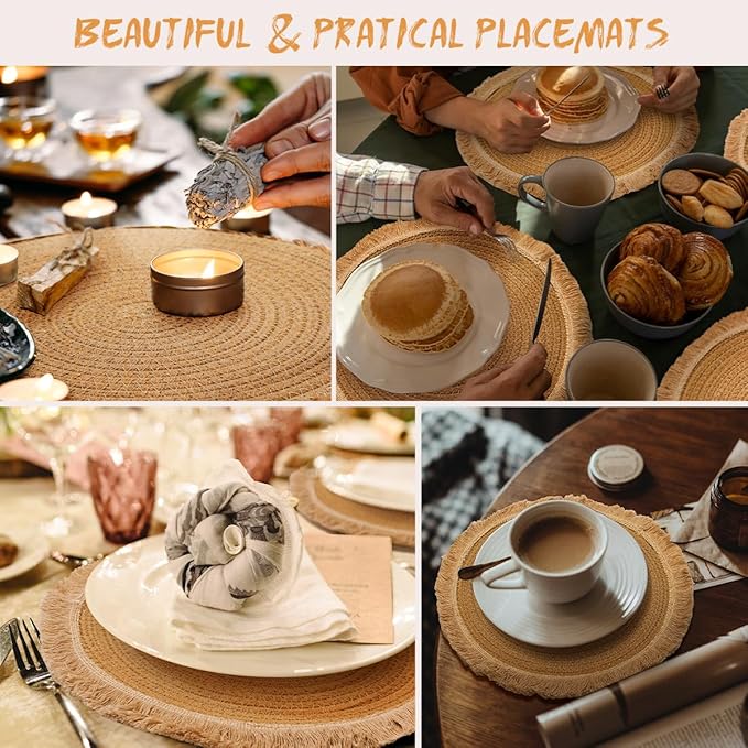 13.8 in Round Woven Boho Placemats Set of 8, Washable Cotton Farmhouse Rustic Place Mats for Dining Table Decor, Tassels Table Mats Plate Chargers for Dinner Plates